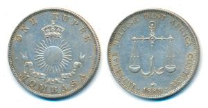Mombasa, Silver Rupee, 11.5g, 1888 H (KM 5). About Extremely Fine, Scarce.