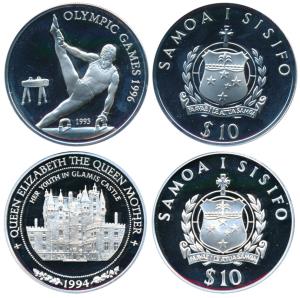 Samoa, Silver 10 Dollars (Tala), 31.81g, 1993, Olympic Games, rev. a gymnast on pommel hor