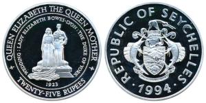 Republic of Seychelles, Silver 25 Rupees, 31.47g, 1994, Wedding of King George VI and Lady