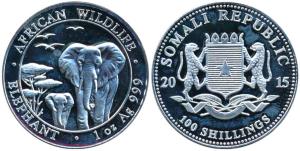 Somalia, Silver 100 Shillings, 31.1g, 2015, African Elephant. Uncirculated.