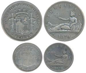 Spain, Provisional Government, Silver 2 and 5 Pesetas, 1870 (KM 654 & 655). Very Fine to V