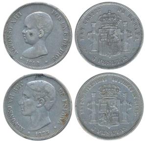 Spain, Silver 5 Pesetas, Alphonso XII 1875 and 1892, both different (KM 689 & 671). Very F