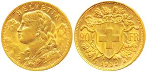 Switzerland, Gold 20 Francs, 6.5g, Bern Mint, draped bust of Helvetia to left and the Swis