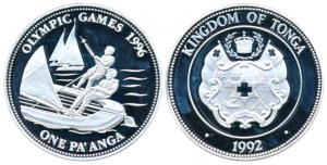 Tonga, Silver One Pa’anga, 31.6g, 1996, Olympic Games. (KM 156). Proof, in plastic case of
