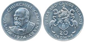 Turks and Caicos Islands, Silver 20 Crowns, 38.7g, 1974, Winston Churchill Birth Centenary