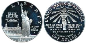 United States of America, Silver Dollar, 26.69g, 1986, Ellis Island with statue of Liberty