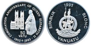 Vanuatu, Silver 50 Vatu 31.47g, 1993, 40th Anniversary of Coronation of Queen Elizabeth II