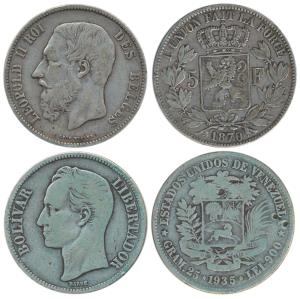Venezuela, Silver 5 Bolivares, 25g, 1935; Belgium, Silver 5 Francs, 25g, Leopold II, 1870 
