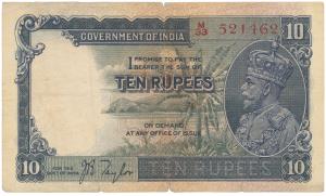 George V, Rupees 10, 3rd issue, 1933, signed J.B. Taylor, thin paper (J&R 8.1A). About Ver