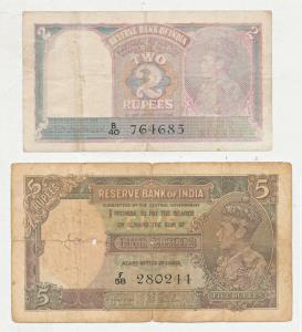 George VI, Rupees 2, 1944, signed C. D. Deshmukh; Rupees 5, 1st Issue, 1938, signed J. B. 