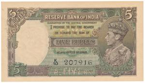 George VI, Rupees 5, 1st issue, 1944, signed C. D. Deshmukh (J&R 3.2). Uncirculated.
