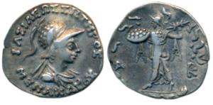 Indo-Greeks, Menander I (c. 160-145 BC), Silver Drachm, 2.35g, helmeted bust of the king t