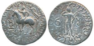 Indo-Scythians, Azes II (35 BC - 5 AD), Silver Tetradrachm, 9g, obv. king mounted on a hor