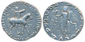 Indo-Scythians, Azes II, Silver Tetradrachm, 8.8g, obv. king mounted on a horse to right, 