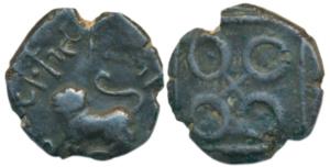 Satavahans, Junnar Lioness type, Potin Unit, 5.61g, obv. lioness facing left with Brahmi l