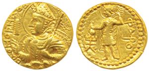 Kushanas, Huvishka, (152-190 AD), Gold Dinar, 7.93g, Mint II (B), 3rd emission, obv. nimba
