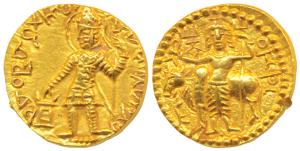 Kushanas, Vasudeva (c. 192-225 AD), Gold Dinar, 7.97g, obv. king nimbate standing left, ho