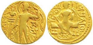 Guptas, Samudragupta, Gold Dinar, 7.54g, Archer type, obv. king nimbate, standing left, ho