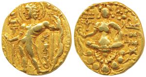 Guptas, Chandragupta II, Gold Dinar, 7.92g, ’Archer’ type, obv. king nimbate, standing lef