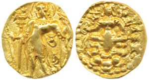 Guptas, Chandragupta II, Gold Dinar, 8g, ’Archer’ type, obv. king nimbate, standing left, 