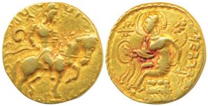 Guptas, Chandragupta II, Gold Dinar, 7.82g, Horseman type, obv. king riding a horse trotti