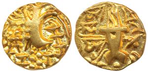 Karkotakas of Kashmir, Vigrahapala, Base Gold Dinar, 7.64g, obv. seated goddess with legen