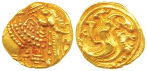 Western Gangas, Gold Gajapati Pagoda, 3.8g, obv. caparisoned elephant to right chewing sug