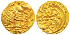 Western Gangas, Gold Gajapati Pagoda, 3.87g, obv. caparisoned elephant to right chewing su