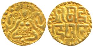 Kalachuris of Tripuri, Gangeya Deva, Gold Dinara, 4g, obv. Goddess Lakshmi seated wearing 