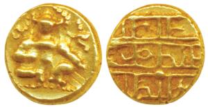 Vijayanagar, Krishna Deva Raya (1509-1529 AD), Gold ½ Pagoda, 1.69g, obv. seated Balakrish