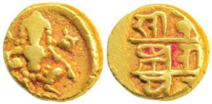 Vijayanagar, Krishna Deva Raya, Gold ½ Pagoda, 1.68g, seated Balakrishna flanked by conch 