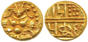 Nayakas of Chitradurga, Gold Durgi Pagoda or Hon, 3.26g, obv. Krishna as Bal Gopala, Nagar