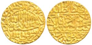 Akbar, Gold Mohur, 10.74g, Dar-ul- Khilafat Agra Mint, AH 974, Kalima on obv. (KM 106.1). 