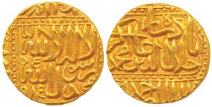 Akbar, Gold Mohur, 10.9g, Dar-ul-Sultanate Ahmedabad Mint, AH 985, Kalima on obv. (KM 108.