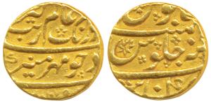 Aurangzeb, Gold Mohur, 10.9g, Khambayat Mint, AH 1075 (KM 315.27). Very Fine+, Scarce.