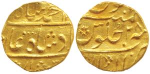 Muhammad Shah, Gold Mohur, 10.61g, Gwalior Mint, AH 11xx/28, (KM 438.7). Very Fine+, Very 
