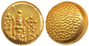 Negapatnam, Gold Pagoda, 3.37g, Lazy J with Lord Vishnu standing, facing front on obv., gr