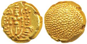 Negapatnam, Gold Pagoda, 3.37g, Lazy J with Lord Vishnu standing, facing front on obv., gr