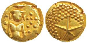Star Gold Pagoda, 3.4g, single Swami standing facing front on obv., star on a granulated b