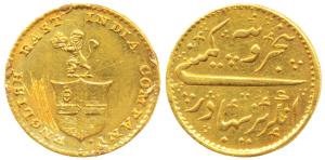 Gold Rupees 5 or 1/3 Mohur, 3.86g, company arms with a lion holding the crown on obv., No 