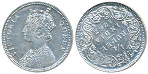 Victoria Queen and Empress, Silver ¼ Rupee, 1862, Error, rotated die axis, rev. at 11 o’cl