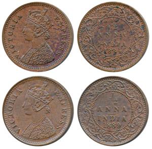 Victoria Queen and Empress, Copper 1/12 Anna (2), 1884, 1889. Uncirculated. (2)