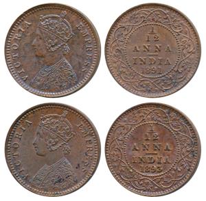 Victoria Queen and Empress, Copper 1/12 Anna (2), 1891, 1893. Uncirculated. (2)