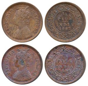 Victoria Empress, Copper ½ Pice (2), 1887, 1894, Calcutta Mint. Uncirculated. (2)