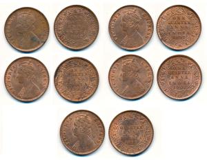 Victoria Empress, Copper ¼ Anna, 5 different dates 1882, 1892, 1897, 1899, 1901, C below d
