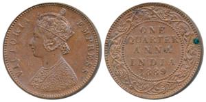 Victoria Empress, Copper ¼ Anna, 1889, Bombay Mint, B / I (Prid 644). Slight green mark on
