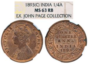 Victoria Empress, Copper ¼ Anna, 1893, Calcutta Mint. Graded by NGC MS 63RB.