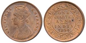Victoria Empress, Copper ¼ Anna, 1894. About Uncirculated.