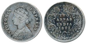 Victoria Empress, Silver 2 Annas, 1877, Bombay Mint, B / II / dot in top flower, Unlisted 