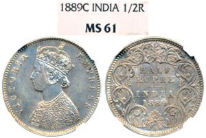 Victoria Empress, Silver ½ Rupee, 1889, Calcutta Mint, A / I / C incuse, (Prid 273). Grade